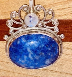 OVAL BLUE LAPIS LAZULI PENDANT 925 STERLING W/ MOONSTONE ACCENT W/.925CHAIN 17” - Picture 1 of 12