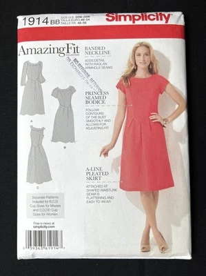 Simplicity 1914 Womens Dress w/Custom Fit & Cup Sizes 2000 Pattern 20W-28W Uncut - Image 1 of 2