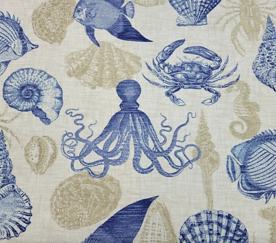 Richloom Sea Life in Marine BTY 54" ancho 100 % poliéster exterior carcasa azul Foto 1 de 2