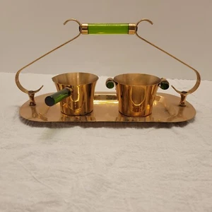 Art Deco Emerald Glo Brass Tray National Silver Company Green Glass Handle - Picture 1 of 9