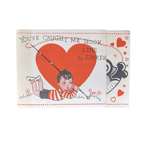 Carta San Valentino vintage una piega catturata linea gancio affondatore pesce balena stile tatuaggio RARA - Foto 1 di 11