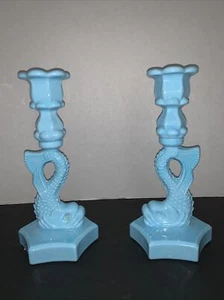 Vintage Turquoise Blue Milk Glass Dragon Koi Fish Candlesticks - Set Of 2 - Picture 1 of 9