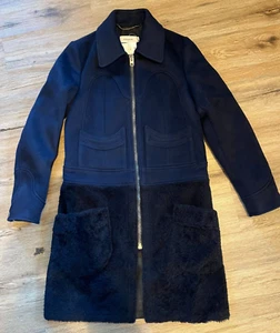 Coach Women's Navy Shearling Wool Coat Size 0 Brand New - Picture 1 of 11