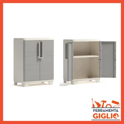 Armadio Armadietto per da Esterno in Resina Basso Giardino Veranda 2 Ante Wood - Immagine 1 di 3