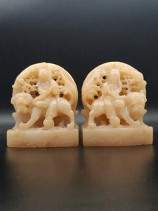 寿山石雕 白芙蓉 文殊菩萨骑狮镇纸 Chinese Shoushan Stone Carved WenShu Buddha Ride Lion Bookends - Picture 1 of 24