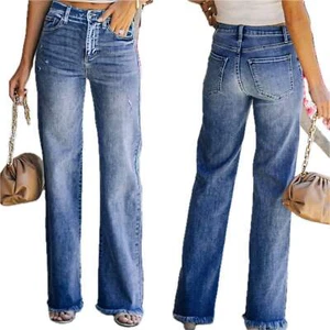 Womens Straight Leg Jeans Denim Trousers Middle Waist Pants with Washing Water D - Picture 1 of 7