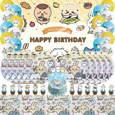 Chiikawa Conjunto de Suministros para Fiesta de Cumpleaños Globos Banner Pasteles Toppers Mantel Foto 1 de 4