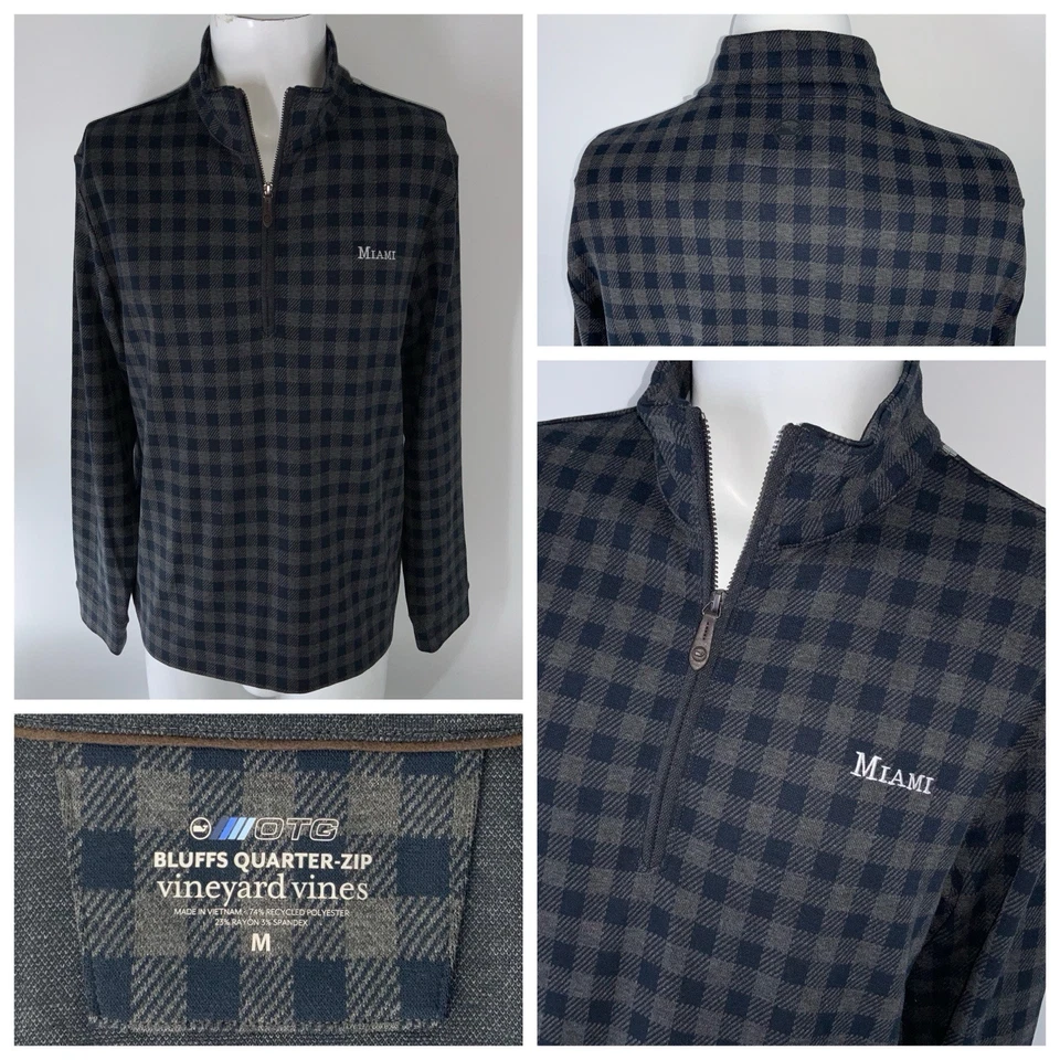 Miami RedHawks Vineyard Vines 1/4 Zip Sweater Men’s M Navy Gray Check YGI O5-116 - Image 1 of 4