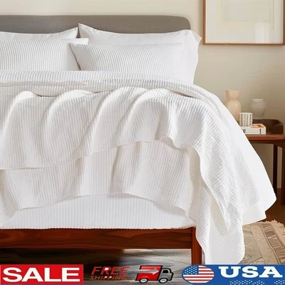 Lightweight Cotton Coverlet Set Queen 3-Piece Ribbed Bedding Comfortable Elegant - Image 1 of 4