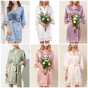 Women Satin Brides Bridesmaid Sleeping Robes Pajamas Gift With Lace Sleeves - Picture 1 of 26