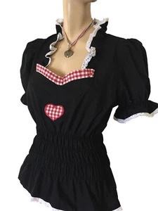 Trachten Bluse Damen Trachtenbluse Dirndlbluse Schwarz Herz Rot Baumwolle Karo - Bild 1 von 6