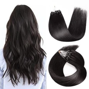 14"Jet Black Double Drawn Russian Micro Loop Ring Bead Human Hair Extensions - Picture 1 of 4