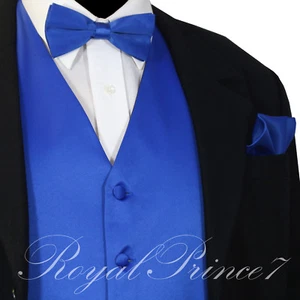 Royal Blue Solid Vest Waistcoat Straight Cut Bow Tie Set Suit or Tuxedo Wedding - Picture 1 of 4