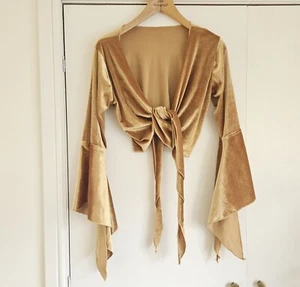 Gold Mustard Yellow Velvet Wrap Tie Front Top Blouse Dance Fancy Dress Flare - Picture 1 of 7