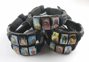 Synthetic Leather Surfing Style Bracelet Religious Catholic Icons Jesus / Mary - Picture 1 of 17