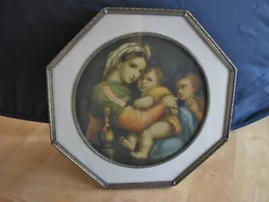 TELAIO TAVOLO VINTAGE CON VETRO MADONNA DELLA SEDIA CON VERGINE MARIA, BABY JESUS & SAN GIOVANNI - Foto 1 di 7