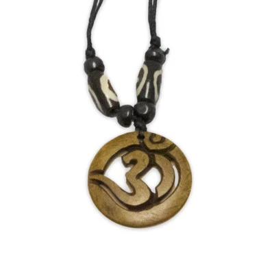 Zen Canyon Natural Brown Om Carved Yak Bone Pendant Charm Necklace Fair Trade - Image 1 of 2