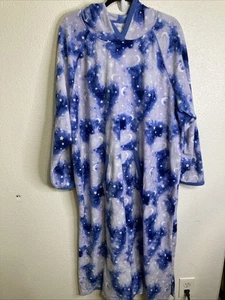 Cuddl Duds Blue Bed Jacket Robe Hooded Fleece Pocket Lounge Dress Moons Stars 3X - Picture 1 of 3