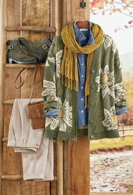 Coldwater Creek Sunflower Cardigan color Dark Olive Multi - Image 1 of 4