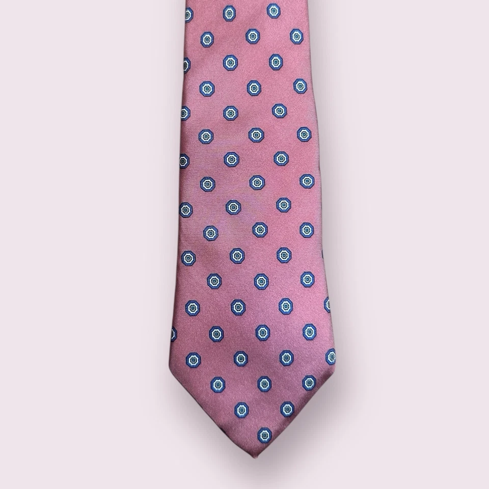 Corbata MALLORY & CHURCH Londres Rosa Azul Medallón Seda Patrón Clásico De Colección Foto 1 de 3