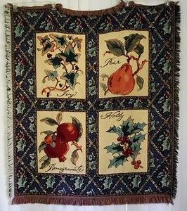 Throw Blanket Holiday Holly Ivy Pear Pomegranate Floral 52x45" Plus 1.5" Fringe - Picture 1 of 17