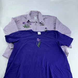 G Unit Fashions 2 Bluse Damen Größe L Lila Blumen Knopfleiste Kombi Outfit - Bild 1 von 12