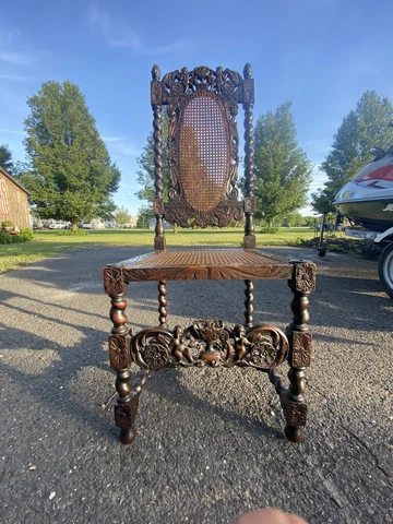 19th Century Gothic Revival Accent Chair Ornate Teak Cherub Carved Caned Cover