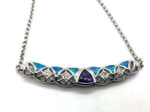 Solid Sterling Silver Rhodium Necklace Synthetic Blue Opal, Amethyst & Cubic
