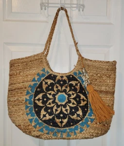 Anthropologie Antik Kraft Blue Medallion Jute Tote Bag Floral Print summer beach - Picture 1 of 6