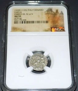 ITALY LUCCA DENARO ENRICO III IV V CRUSADES 1039-1125 AD NGC AU 55 Crusader Coin - Picture 1 of 4