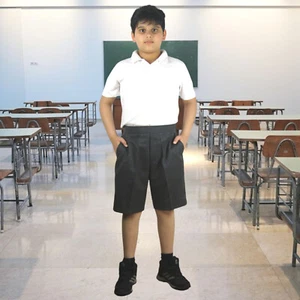 BOYS GREY BLACK HALF ELASTIC ZIP & HOOK 4 POCKETS SCHOOL SHORTS - Picture 1 of 9