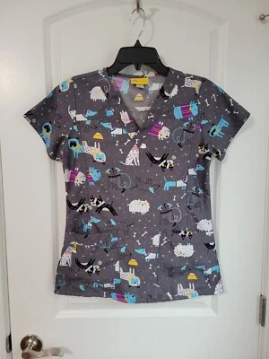 WonderWink V Neck Gray Grey Dog Print Patterened Women's Scrub Top XS - Image 1 of 4