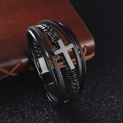 Men's Cross Braided Bracelet Leather Bracelet Bangle Magnetic Clasp Handmade - Image 1 of 4