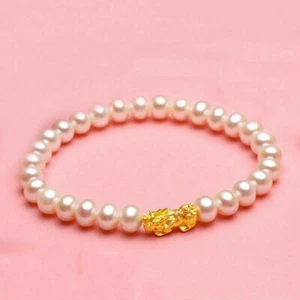 Bracciale donna oro giallo puro 999 24 carati drago figlio pixiu perline perle naturali AAA - Foto 1 di 6