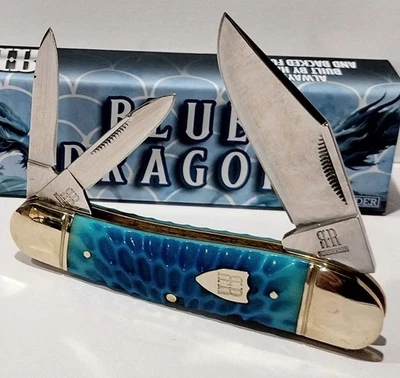 Rough Rider Blue Dragon Jigged Bone 3 刀片 Whittler 折叠口袋刀 RR2713 — 第 1/4 张图片