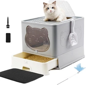 Cat Litter Box with Lid Foldable Cat Toilet Tray Fully Enclosed Drawer Grey&Matt - Picture 1 of 4