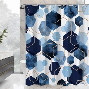 Blue Shower Curtain Set, Modern Geometric Art Decor Waterproof Bath Curtain, ... - Picture 1 of 6