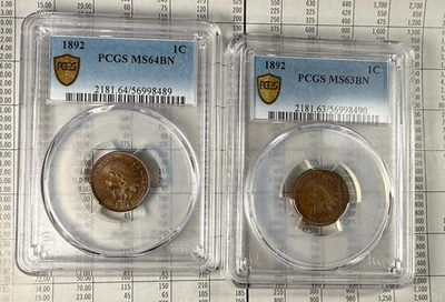 1892 (2) Indian Head Cents PCGS MS64 & MS63 BN Lot- Consecutive PCGS Cert #’s - Image 1 of 4