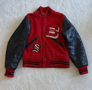 Vintage 50-60's Varsity Letterman S Letter Wool Leather Jacket Scovill Snap Red - Picture 1 of 18