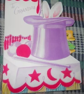 Biglietto pasquale vintage AL NONNO1950 VOLLAND fustellato*rosso floccato MAGIC HAT ORECCHIE - Foto 1 di 4