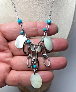 Signed Swarovski 17" Silver Tone Shell & Turquoise Bead Dangle Necklace - Picture 1 of 4