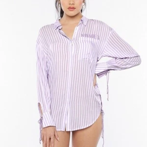 Savage Fenty Rihanna Coastal Stripe Woven Voile Sleep Long-Sleeve Shirt Medium - Picture 1 of 12