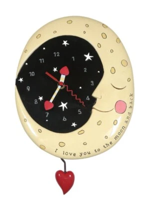 Allen Designs Clock Love U To The Moon red Heart Pend Polyresin 9”H Battery NIB - Image 1 of 4