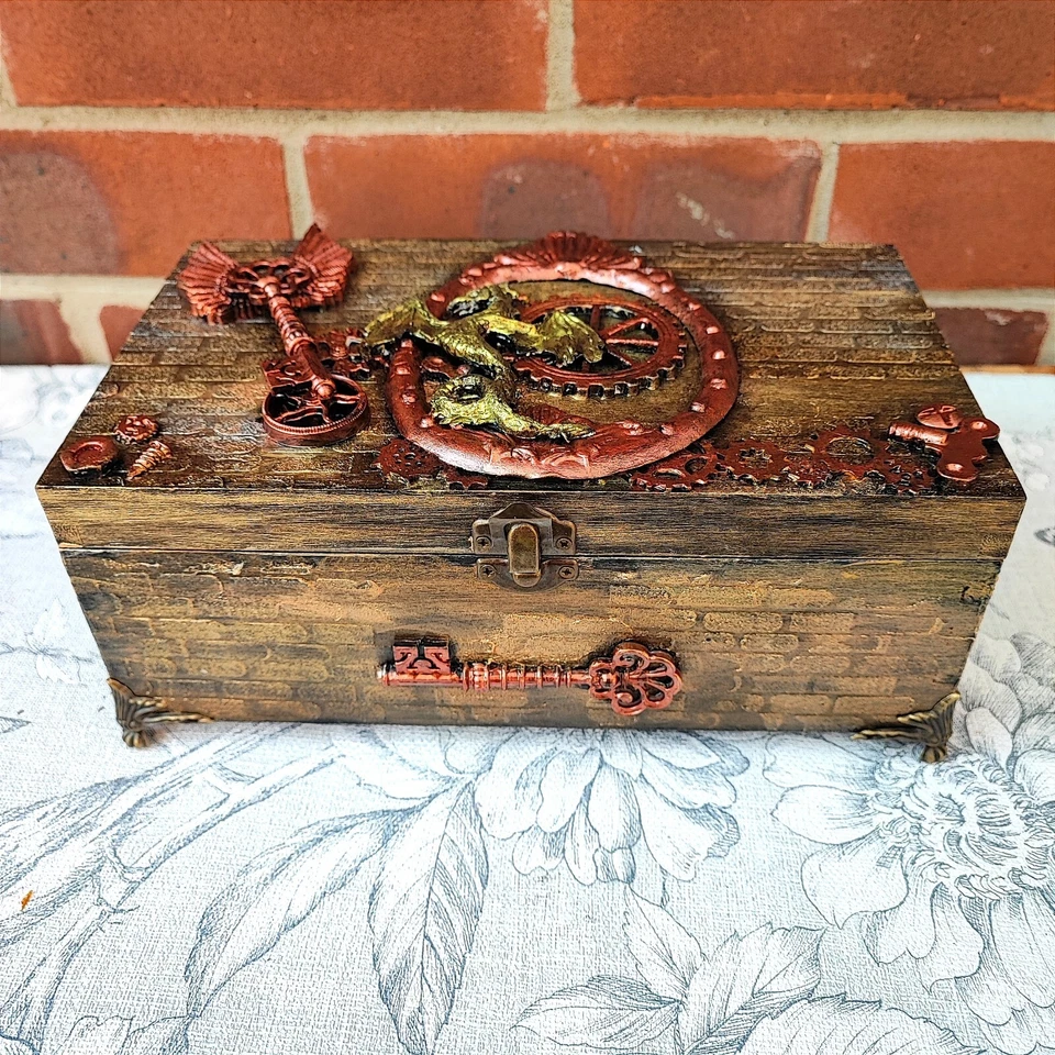 Steampunk Style Dragon Wooden Box, Angel Wings and Key Embellishments - Image 1 of 4