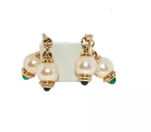 VINTAGE UNISEX PEARL WITH BLUE GREEN CABOCHON GOLD CHAIN CUFFLINKS - Picture 1 of 3
