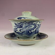 Chinese Ming Chenghua Blue and White Porcelain Dragon Teacup Cup with Saucer Lid