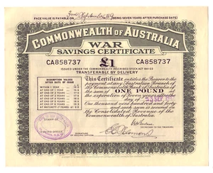 Australia. 1942 (WW.11) War Savings Certificate for One Pound.  McFarlane sign. - Picture 1 of 2