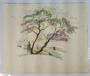 Antique Vintage Daphne French Dunbar American Color Pencil Drawing Landscape - Picture 1 of 7