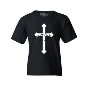 John 3:16 Bible Verse Script Cross Youth's T-Shirt Religious Shirts - Picture 1 of 8