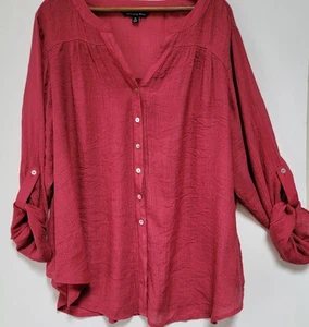 Zac & Rachel Womens Top~  Long Roll Up Sleeve~ Button Up Blouse~Gauze~Size 2X - Picture 1 of 14
